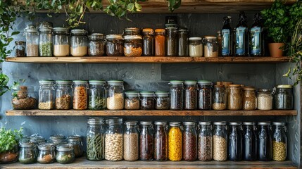 Pantry shelves filled with dried goods and spices.  Lifestyle use