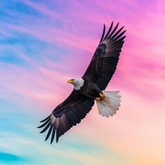 Obraz premium Diversity and Patriotism concept. Majestic eagle soaring against a colorful sky.
