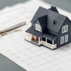 Real estate financial pressure concept. Model house on a grid paper with a pen nearby.