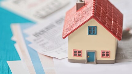 Cost of living and mortgage concept. Model house on paperwork, symbolizing real estate and finances.