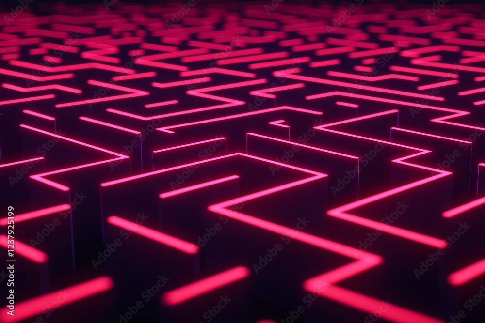 Poster strategy decision framework concept. neon maze pattern with glowing lines on a dark background.