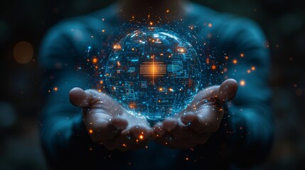 Person holding digital globe, network data, night background, technology concept