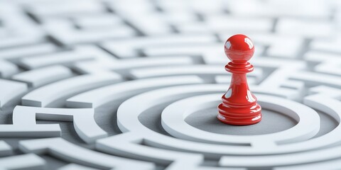 Strategy decision framework concept. Red pawn chess piece in a white maze representing strategy and decision-making.