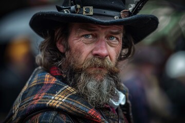 Portrait of a mountain man with long gray beard and blue eyes, wearing plaid shirt, hat with feather