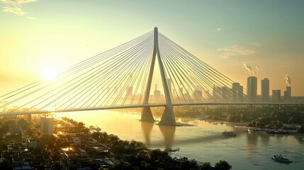Obraz premium Majestic Sunrise over Modern Cable-Stayed Bridge and City Skyline. Breathtaking urban landscape, reflecting the golden morning light on the tranquil river.