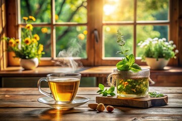 Warm Herbal Tea by Sunlit Window, Aromatic Infusion, Relaxing Moment