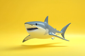 Fototapeta premium shark on a yellow background, shark on a blank yellow background, a shark, shark, cute shark, yellow background, copy space for add text, 3d rendering, 3d, vector, AI generative