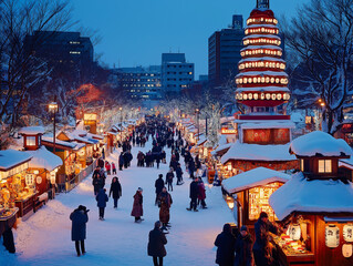 Visitors partake in the enchanting atmosphere of the Sapporo Snow Festival, where twinkling lights adorn traditional stalls. T