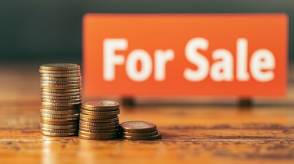 Real estate financial pressure concept. Stacks of coins next to a bright For Sale sign.