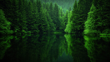 Obraz premium Majestic mountain forest reflecting on tranquil lake under serene green canopy