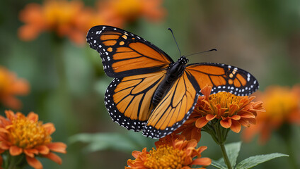 Obraz premium A monarch butterfly, with its orange and black wings, rests on an orange flower. It's one of many images being uploaded to Adobe Stock as illustrations