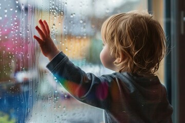 Small child looking out window on a rainy day, touching the glass covered with raindrops