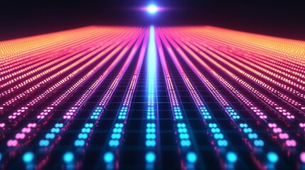 Anticipation vision opportunity concept. Vibrant neon grid with glowing dots extending into the distance.