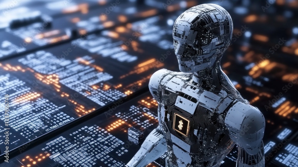 Poster advanced ai robot analyzing complex data streams
