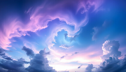 Majestic swirling clouds, vibrant sunset sky, ethereal blue and purple hues, dramatic cloudscape, wispy cloud formations, celestial atmosphere, dream-like skyscape, surreal heavenly vista, luminous tw