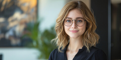 Empowering professional portrait of a young woman office setting personal branding modern environment close-up confidence and success