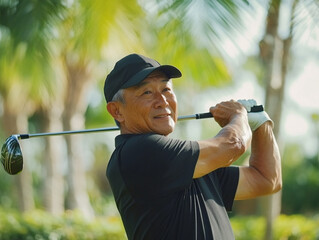 An affluent elder Asian man dressed in a stylish golf uniform prepares to take a swing under the radiant sun, surrounded by lush greenery.