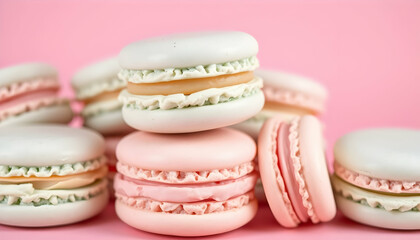 Obraz premium Pastel macarons, delicate French pastries, light pink background, soft focus, closeup photography, food styling, sweet desserts, vanilla and strawberry flavors, stacked macarons, circular confections,