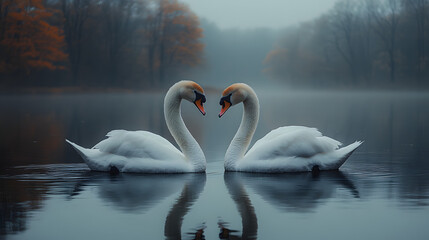Fototapeta premium Two swans are swimming in a lake, their heads are facing each other. The water is calm and the sky is cloudy