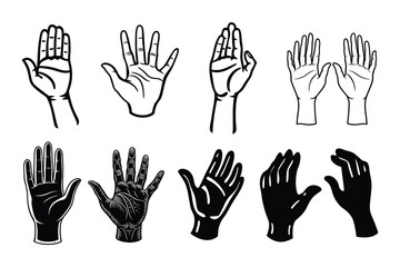 A collection of hand gestures illustrated in black and white silhouettes, showcasing diverse positions and movements