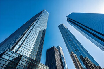 Naklejka premium Modern Skyscrapers Reach for the Clear Blue Sky in a Bustling City Landscape