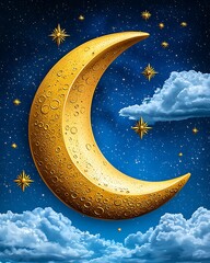 Naklejka premium A golden crescent moon shines brightly in a starry night sky, surrounded by fluffy clouds and twinkling stars.
