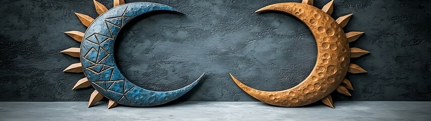 Fototapeta premium Two beautifully crafted crescent moon sculptures in blue and orange, set against a textured gray background, symbolize harmony and duality.