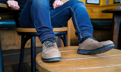 Casual Footwear on a Wooden Table in a Cozy Cafe Setting Featuring Relaxed Legs and Comfortable Jeans and Soft Suede Shoes in a Bright Environment
