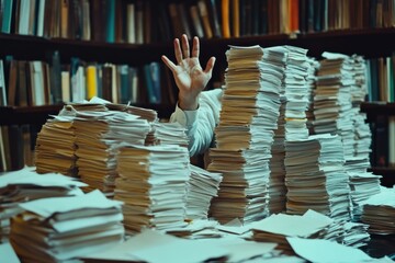 Overwhelmed by paperwork a frantic scene in a library document chaos indoor library high angle stress of information overload