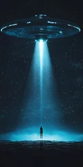Fototapeten Sci-Fi, Night Sky, and Human Silhouette in Ethereal Blue Light, Vertical Composition, Atmospheric, Cinematic © KANTIC