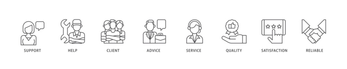 Customer care icon set flow process which consists of help, client, advice, chat, service, reliability, quality, and satisfaction icon live stroke and easy to edit .