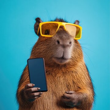 A cute brown and yellow monkey is holding a cell phone in its hand
