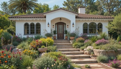 Fototapeta premium Mediterranean House with Lush Landscaping