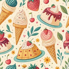Seamless Pattern Sweet Treats Ice Cream Cones Cakes Strawberries Cherries Floral Design Summer