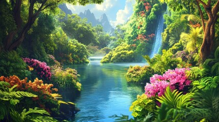 Fototapeta premium A serene tropical landscape featuring lush greenery, vibrant flowers, and a tranquil river.