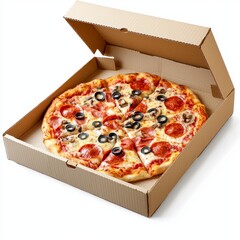 Delicious Pepperoni Pizza with Black Olives in an Open Cardboard Box Ready for Enjoyment