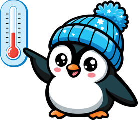 a little penguin in a knitted cap is pointing at the thermometer with its wing