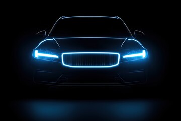Illuminated car silhouette with glowing blue outlines on a black background. Futuristic automotive design and innovation concept.