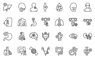 Cancer types icon. Breast Cancer, Lung Cancer, Prostate Cancer, Colorectal Cancer, Ovarian Cancer, Pancreatic Cancer, Skin Cancer and Leukemia. vector