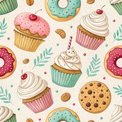 Delicious Sweet Treats Cupcakes Donuts Cookies Seamless Pattern Background