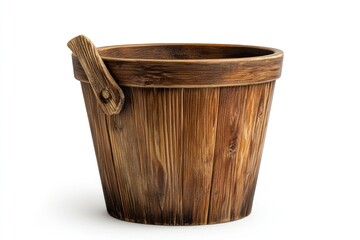 Rustic wooden bucket, isolated, white background, home decor