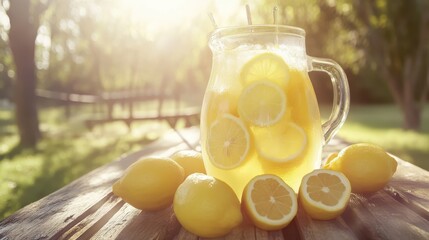 Refreshing Lemonade in Mason Jar with Fresh Lemons and Sunlight