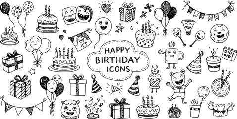 Birthday doodle icon element. Hand drawn sketch doodle birthday cake, balloon, event decoration element. Party, carnival celebration concept background. Vector illustration