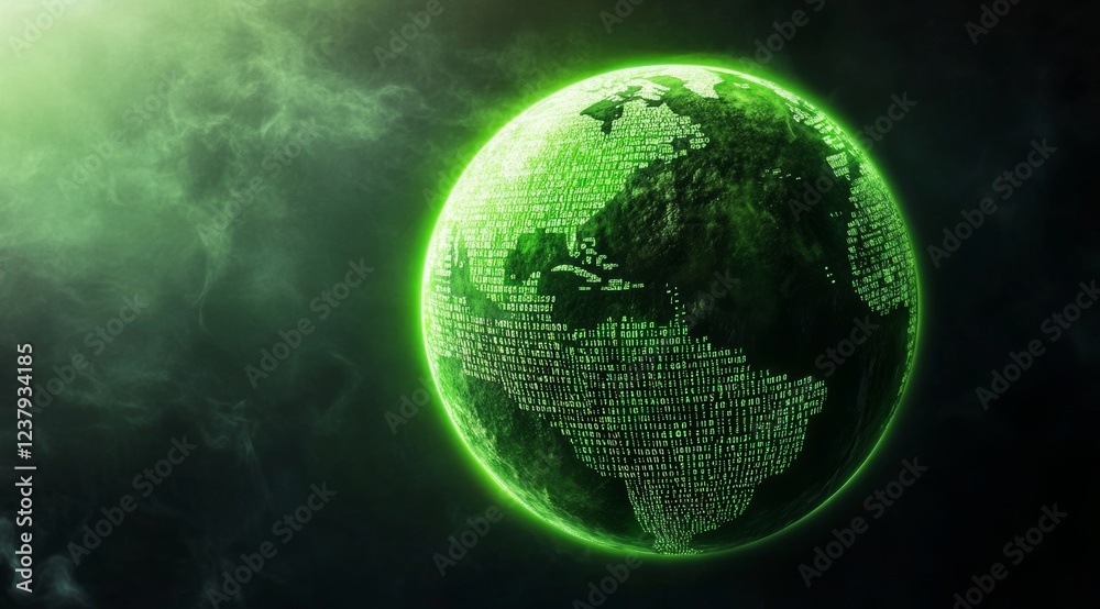 Poster digital globe with green binary code