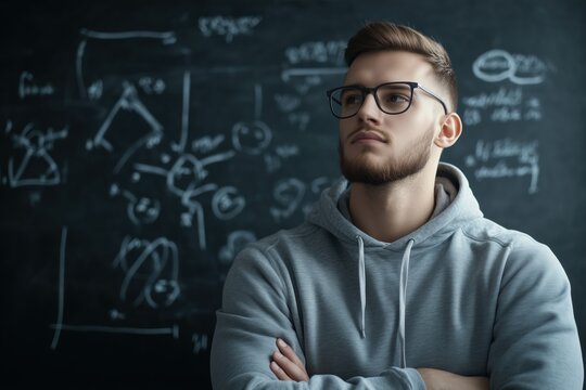 Focused young man in a hoodie with mathematical equations on a chalkboard in the background. Analytical thinking concept.