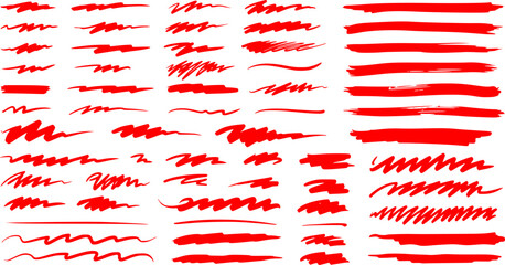Red marker underline brush stroke set. Marker red pen highlights squiggle stroke. Vector swoosh brush handwritten underline set for accent, pencil emphasis element. Vector illustration