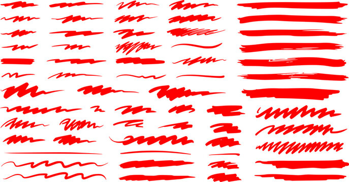 Red marker underline brush stroke set. Marker red pen highlights squiggle stroke. Vector swoosh brush handwritten underline set for accent, pencil emphasis element. Vector illustration