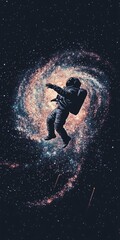 Obraz premium Floating in Space, Detailed Graphic Style with Galaxy Backdrop, Muted Colors, Vertical Composition, Solitude and Mystery