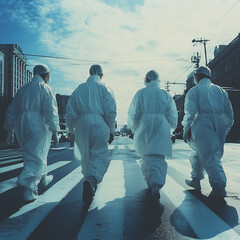 Doctors in medical attire, crossing a pedestrian crosswalk like in the ‘Abbey Road’ photo,...