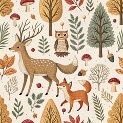 Autumn Woodland Animals Seamless Pattern Deer Fox Owl Trees and Fall Leaves Illustration